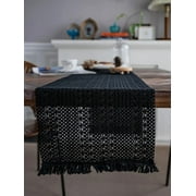 Hotian Macrame Linen Fall Table Runner with Tassel for Kitchen Dining and Home Decor Black 63" x 11.8"