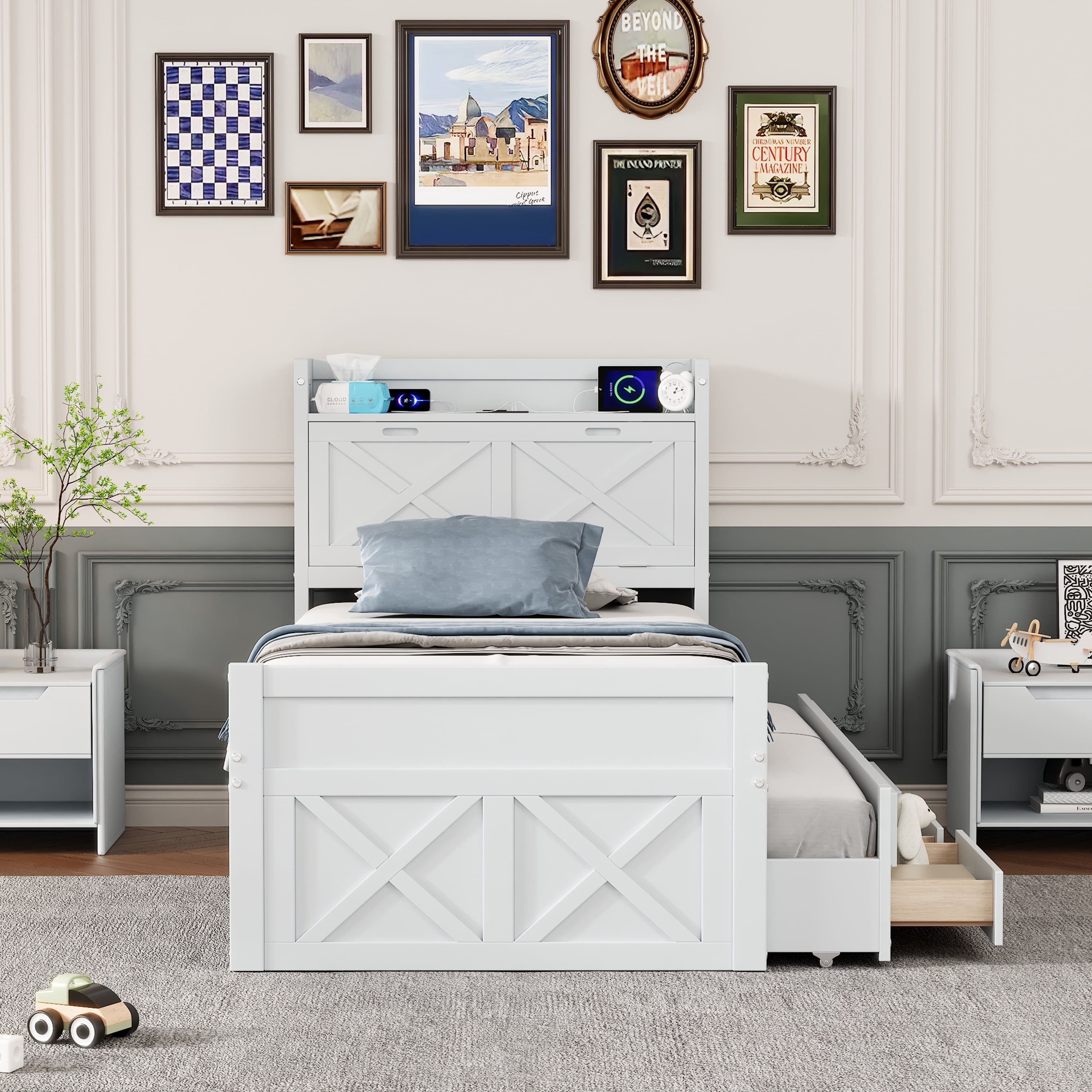 Mintazer Farmhouse Twin Bed with Trundle & 3 Drawers, Extendable Platform Bed with Headboard Storage & Charging Station for Bedroom, White