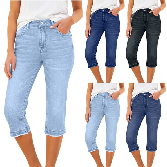 Dvprdro Womens Slim Fit Denim Capri Pants Elastic Waist Side Pockets Stretchy Summer Workout Capris