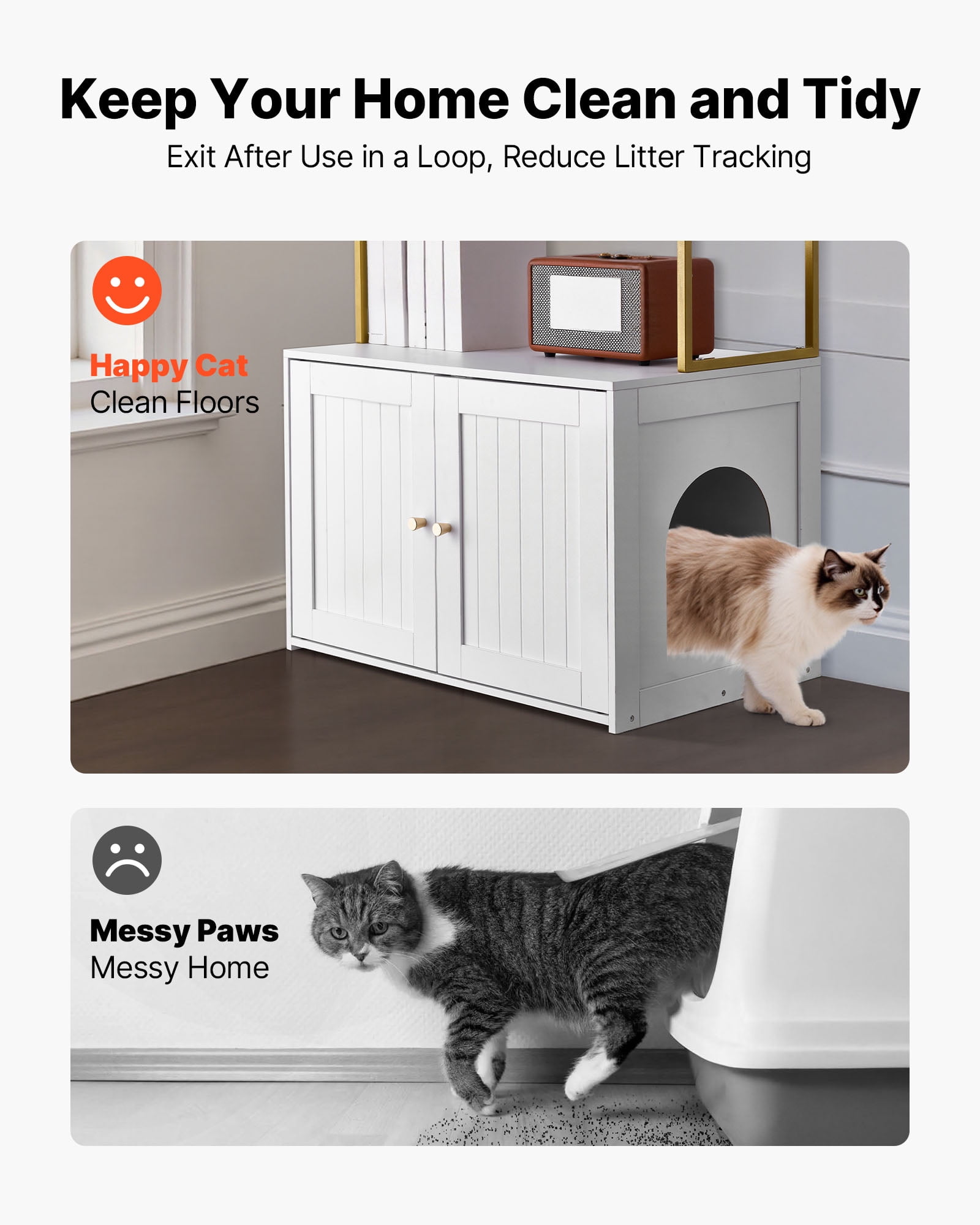 VEVOR Cat Litter Box Enclosure Furniture, 27.6 in Hidden Litter Box Cabinet with Metal Legs & 2-Tier Storage Shelves, Waterproof Cat Washroom Cat House, Fit Most of Litterbox, for Living Room