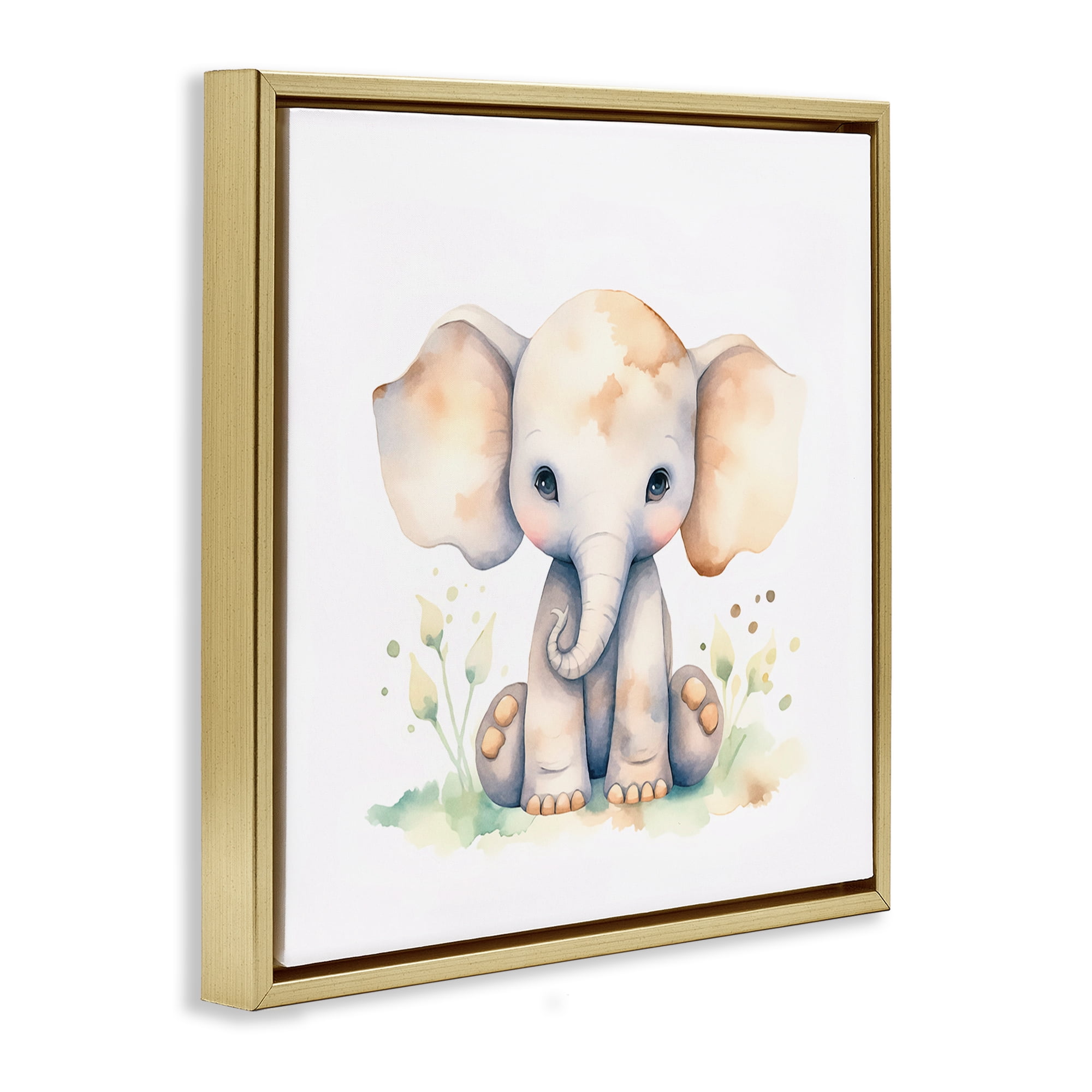 Stupell Industries Sitting Baby Elephant Animals Painting Gold Floater Framed Canvas Art Print Wall Art, 18 x 18
