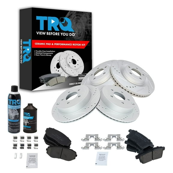 TRQ Front Rear Ceramic Brake Pad & Performance Rotor Kit w/Chemicals BKA15451