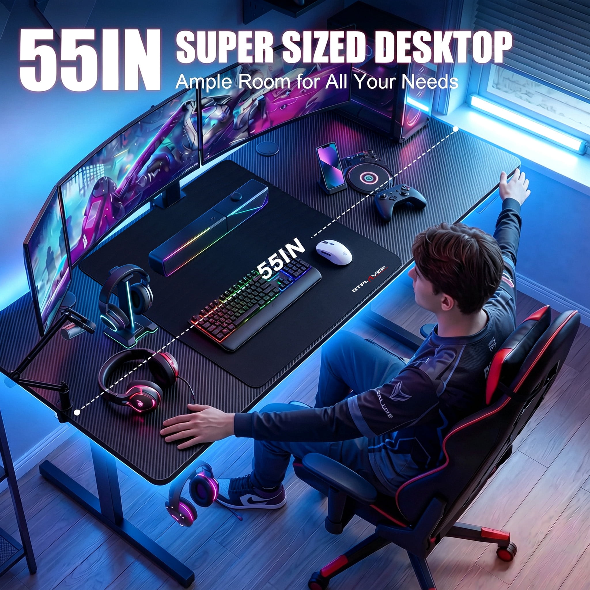 COMHOMA 55" Gaming Desk with Smart APP & Remote RGB Lights, Carbon Fiber Surface Computer Table with Full Mouse Pad & Headphone Hook, Black