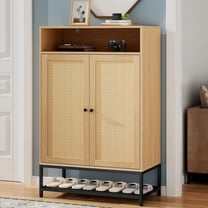 7-Tier Shoe Cabinet with Natural Rattan Door, Narrow Hidden Shoe Storage Organizer with Adjustable Shelves for Entryway