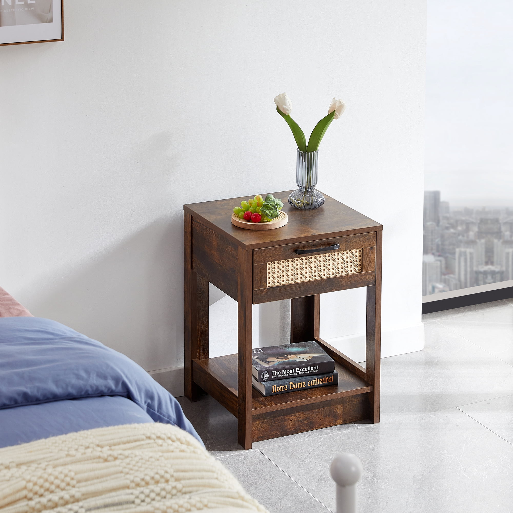 MAYEERTY 15.77" Rattan End Table with Drawer – Modern Nightstand for Living Room, Bedroom, Rustic Brown