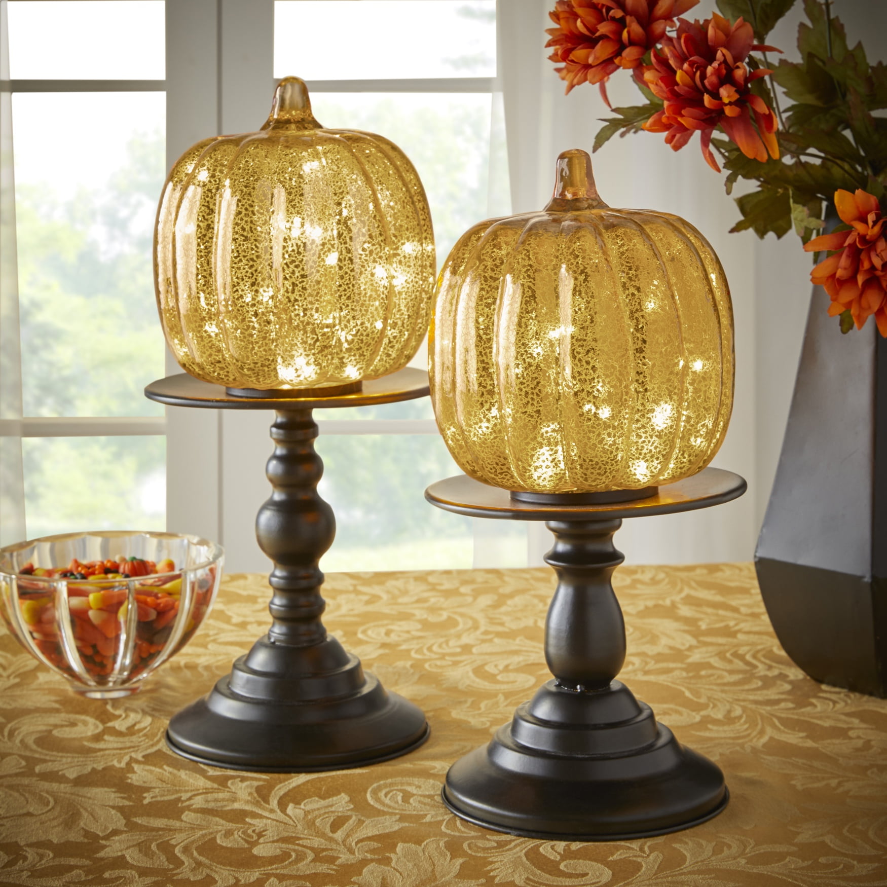 Brylanehome 14 1/2"H X 6"Diam PreLit Glass Pumpkin On Stand, Gold Fall Decor Light Up