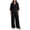Black, variant on Womens Textured Woven Two Piece Outfit Lapel Collar 3 Quarter Sleeve Pocket Top And Elastic Waist Wide Leg Pants Loose Fit Solid Color Casual Co Ord Set