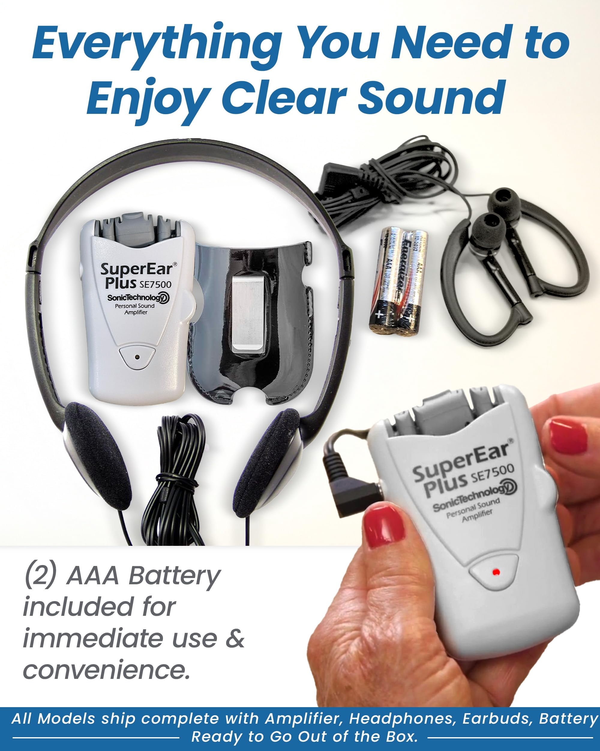 SuperEar Plus SE7500 Personal Sound Amplifier by Sonic Technology with Headphone & Earbud, Case, Extra Batteries & Liberty Microfiber Cleaning Cloth