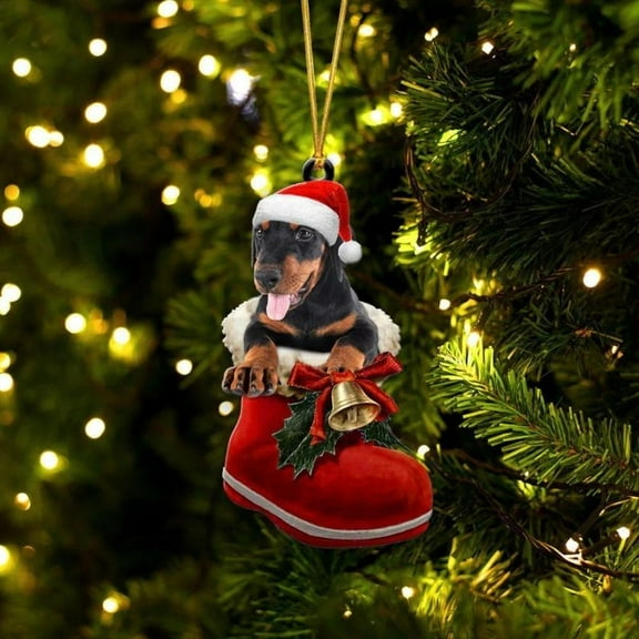 Acrylic 2D FLAT Doberman Pinscher In Santa Boot Christmas Hanging Ornament