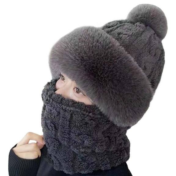 Women's Winter Hat with Built-in Scarf, Plush Lined Thickened Hood for Riding and E-Bike, Windproof Cold Proof Integrated Neck Warmer, All-in-One Winter Headwear for Women Gray1