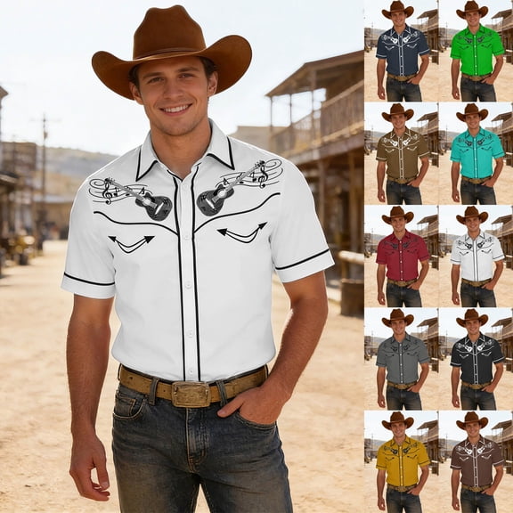 Shirts for Men Short Sleeve Vintage Western Cowboy Print Lapel Casual Summer Top Black L
