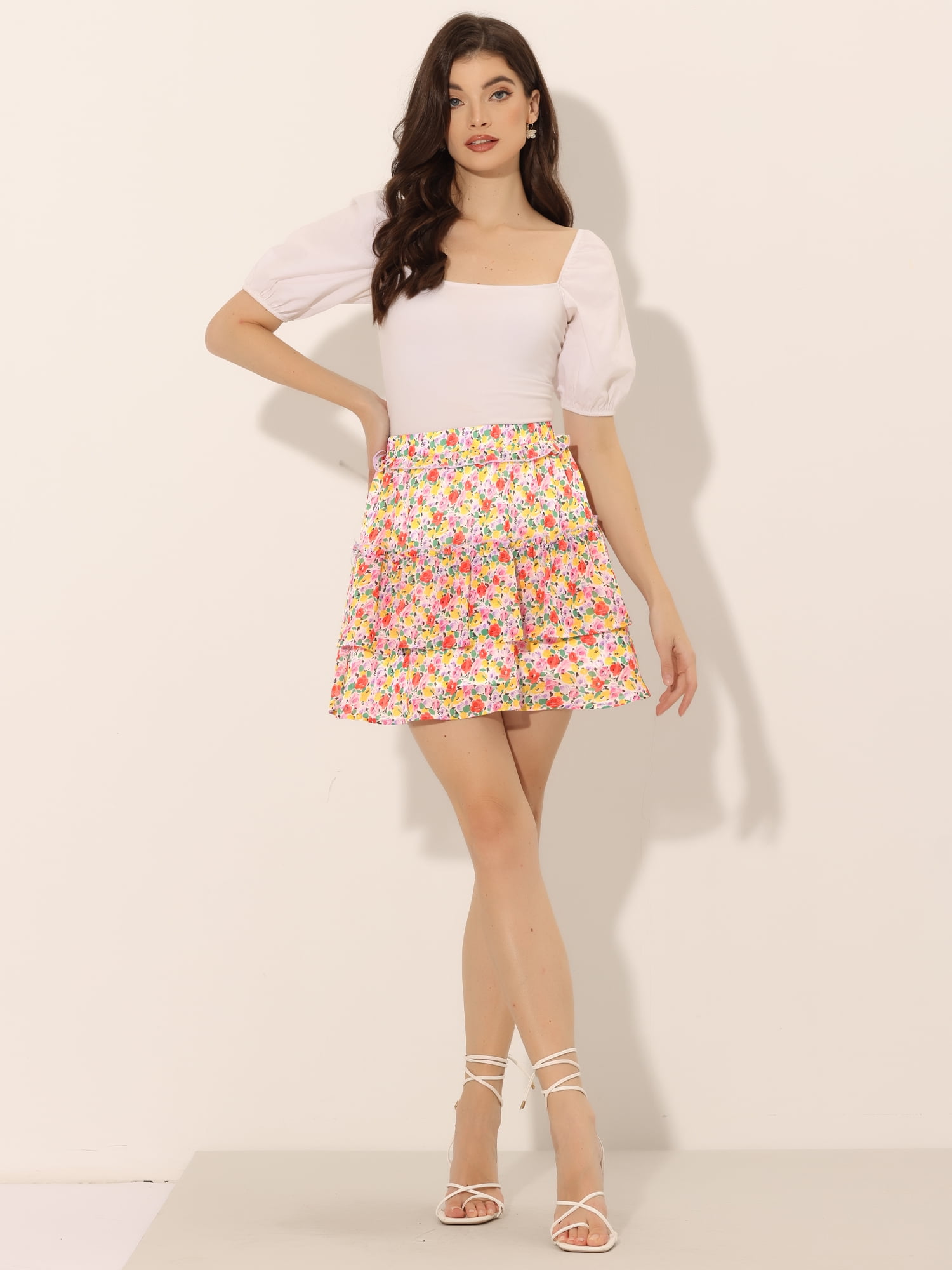 DARING DIVA Women's Elastic Waist A-Line Layered Ruffle Floral Mini Skirt XS Multicolor