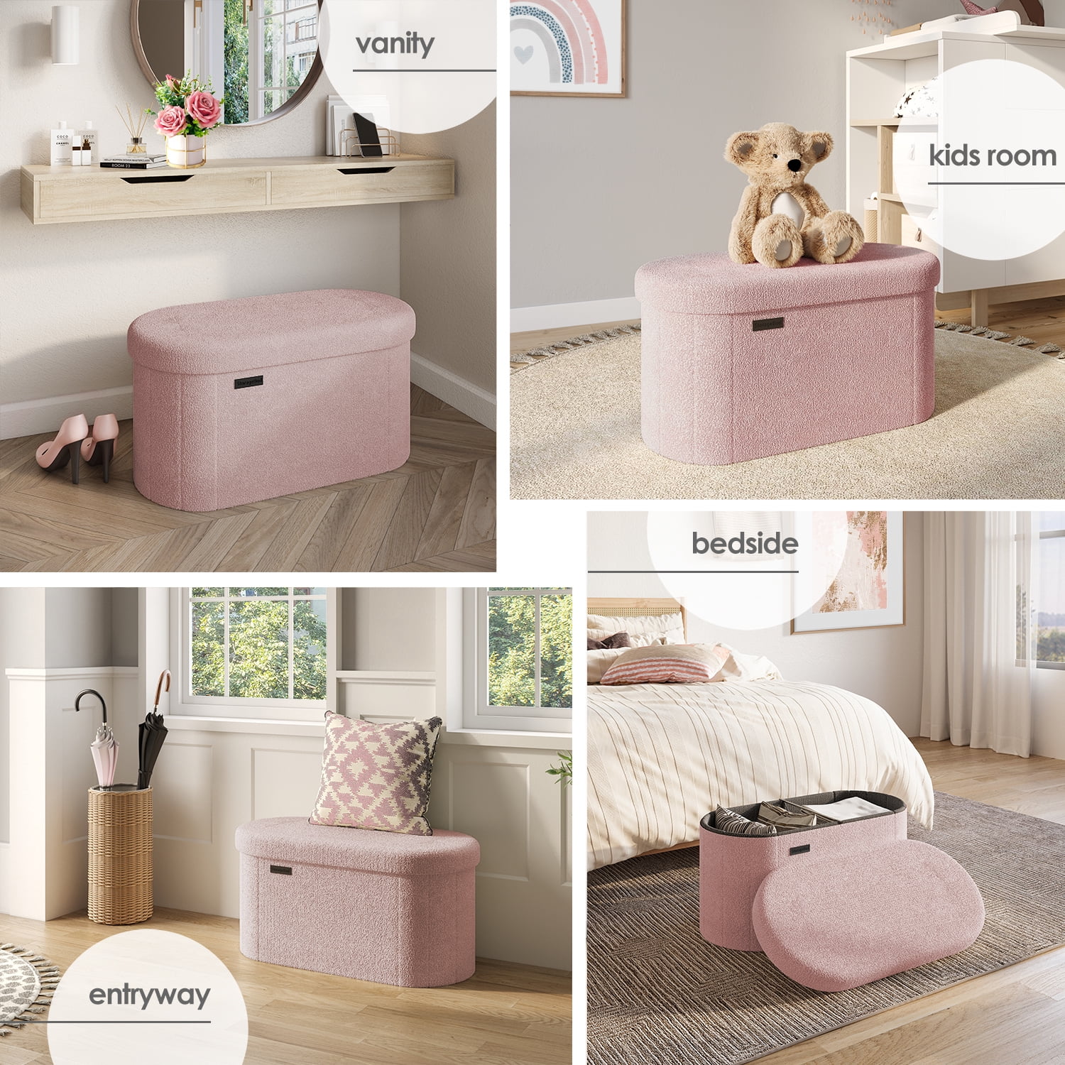 Hearth & Harbor Oval Storage Ottoman Bench, Boucle 30" Ottoman with Storage , Pink