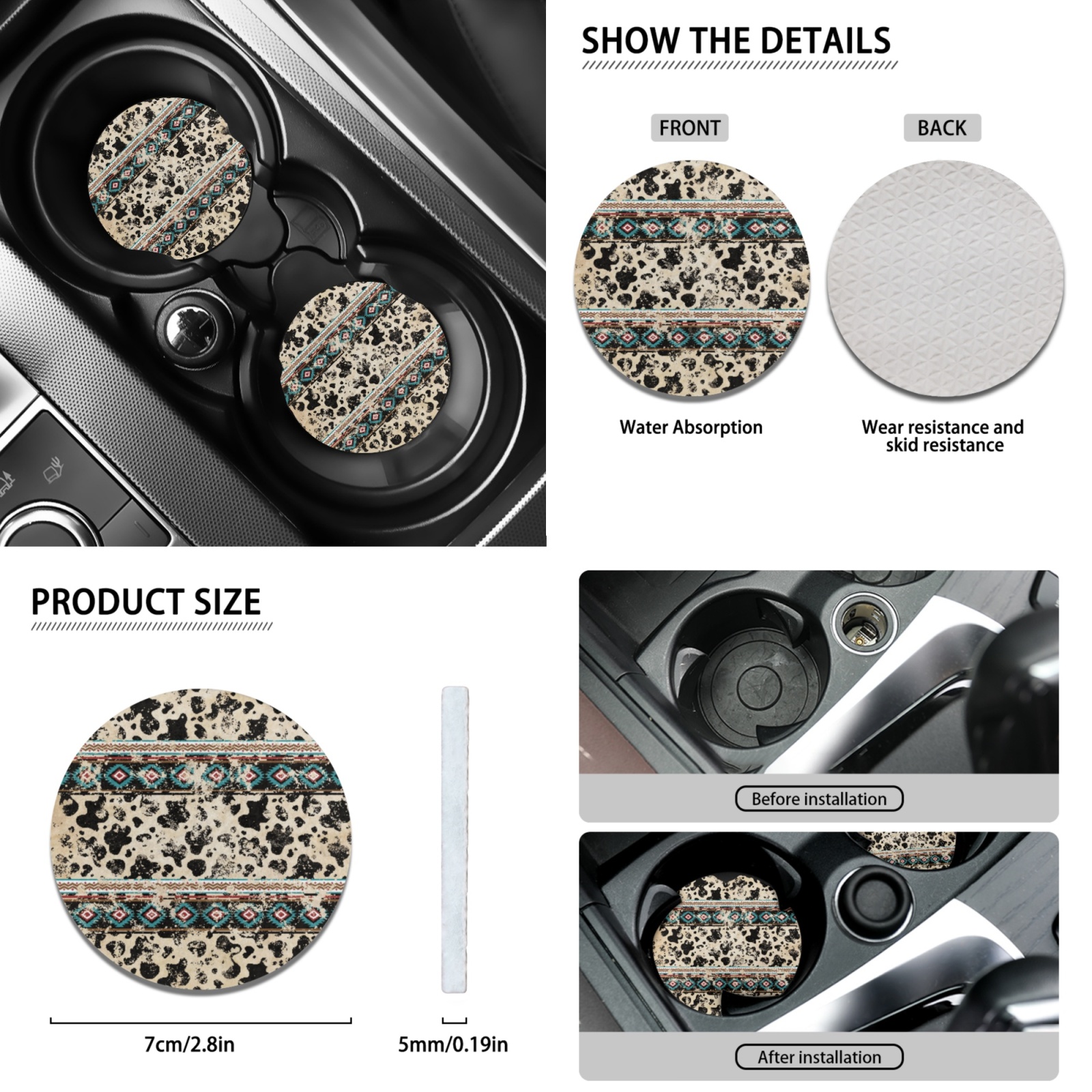 Renewold American Tribal Cow Print Retro Car Seat Covers Set for Men Women Comfy Soft Seat Protector with Steering Wheel Cover and Seat Belt Pad Armrest Pad Handbrake Cover Gear Shift Covers