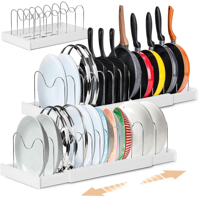 Organizador de Sartenes y Ollas Expandible, Organizador de Platos Acero Inoxidable 13 Compartimentos Ajustables, Porta Sartenes de Cocina, Separador de Tapas, para Armario de Despensa, Blanco