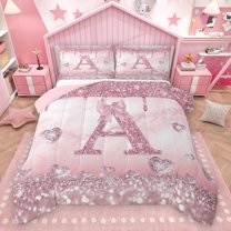 Homewish Pink Sequin Print A Bedding Comforter Set for Kids, Romantic Diamond Love Heart Twin Comforter Sets, Fashion Mabrling Abstract Reversible Bedding Set, Super Cozy Room Decor, 2 Pieces