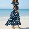 thumbnail image 2 of QIJIE Petite Women Dresses Spring Summer V Neck Vacation Ruffled Short Sleeve Holiday Floral Maxi Dress A-Line Elegant Sundress Boho Beach Wedding Guest Dresses Dark Blue 2XL, 2 of 5