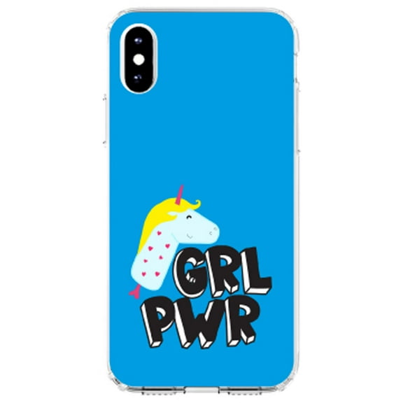 DistinctInk Clear Shockproof Hybrid Case for iPhone XR (6.1" Screen) - TPU Bumper, Acrylic Back, Tempered Glass Screen Protector - Girl Power - GRL PWR - Unicorn Blue Background