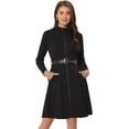 thumbnail image 1 of Vestido de Gamuza Sintética Allegra K Vintage Negro con Cuello Alto y Cinturón, 1 of 6