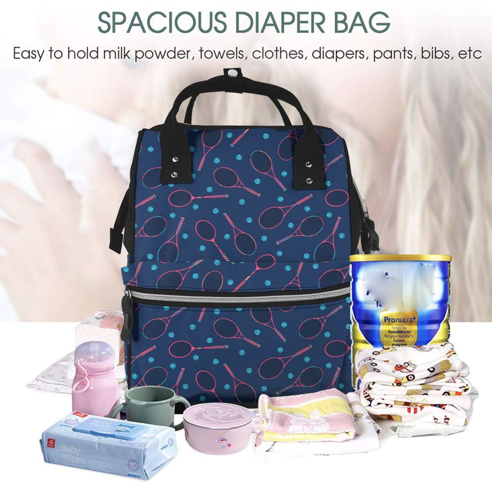 Fuzoiu Tennis Racket Print Diaper Bag Backpack,Baby Essentials Travel Tote,Multi function Waterproof Diaper Bag, Travel Essentials Baby Bag - Unisex