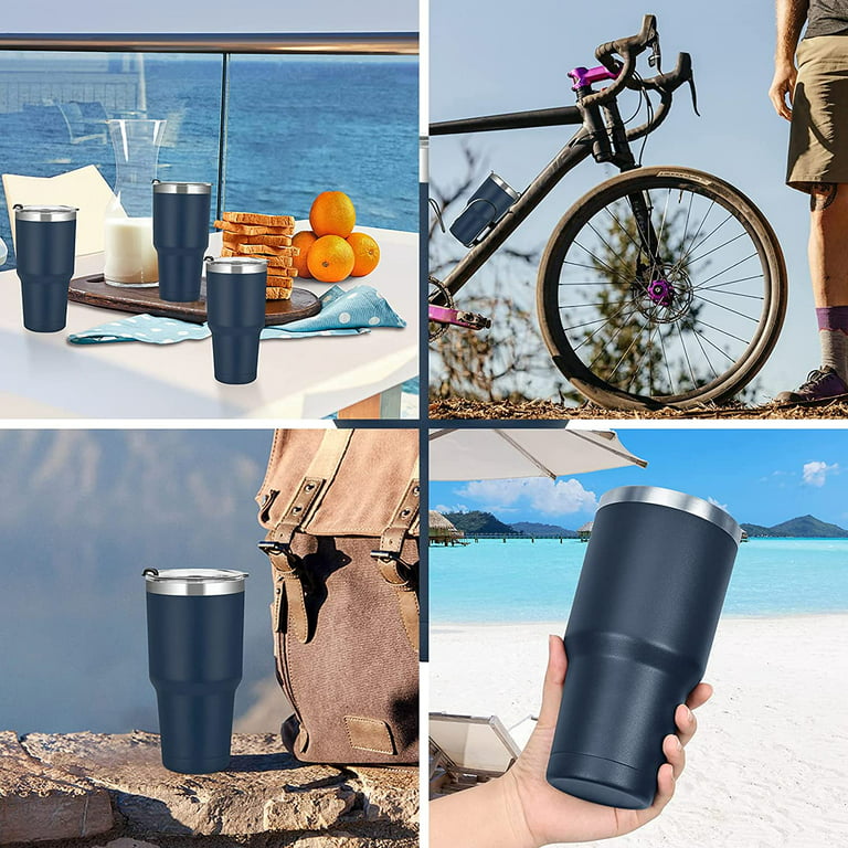 Large Travel Coffee Mug Tumbler with Clear Slide Lid & Handle, Reusable  Vacuum Insulated Double Wall Stainless Steel Thermos, Fits in Cup Holder,  30oz (Navy) 