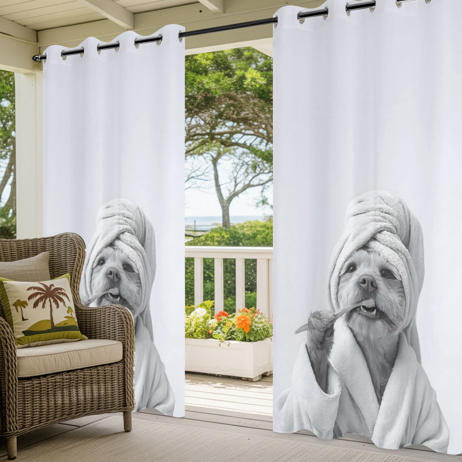 Bathroom Funny Dog Outdoor Curtains for Patio, The Dog Brushing Its Teeth Sunshade Privacy Drapes Grommet Waterproof Outside Curtains for Porch/Cabana/Balcony 54"x 108", 1 Panel