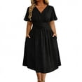 thumbnail image 2 of Women's Solid V-Neck Short Sleeve Mid Calf Summer Casual Dress, 2 of 5