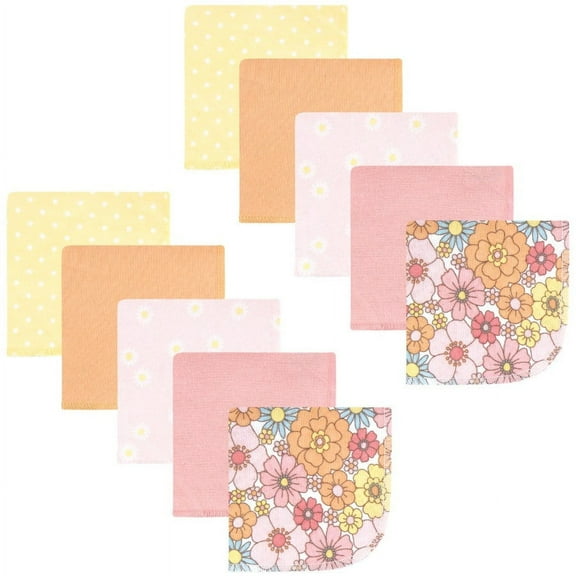 Hudson Baby Infant Girl Flannel Cotton Washcloths, Peace Love Flowers 10 Pack, One Size