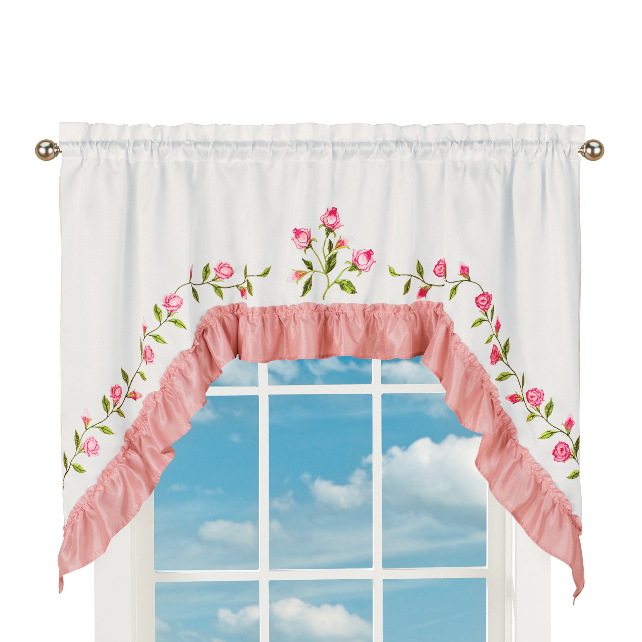 Collections Etc Beautiful Embroidered Rose Ruffled Window Curtains
