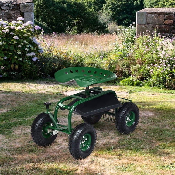 Garden Seat with Wheels, Rolling Garden Cart with 360 Degree Swivel Seat for Planting, Gardening Stool w/Tool Tray, Basket, Gardening Chair Workseat, Wagon Scooter for Seniors