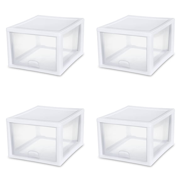 Sterilite 27 Qt Stacking and Modular Plastic Storage Drawers, White Frame, 4 Pack