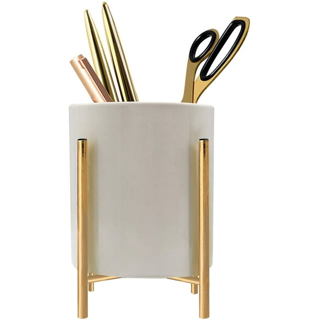 Gold Pen Holder, Desk Ceramic Pen Holder with Metal Frame Desk Pencil