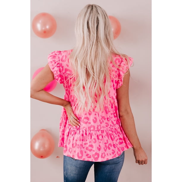 ABPHQTO Camiseta sin mangas a capas con estampado de leopardo y mangas acampanadas para mujer
