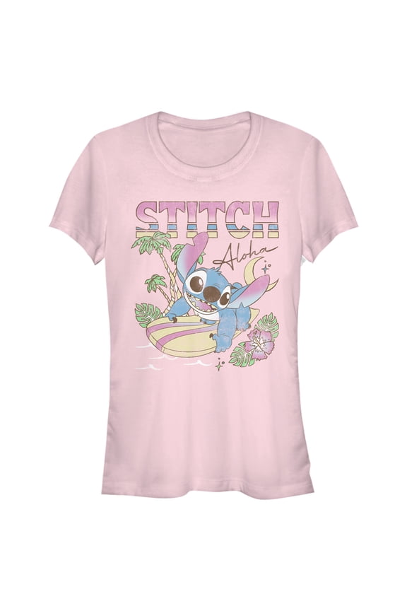 Junior's Lilo & Stitch Surfing Stitch Graphic Tee Light Pink Large
