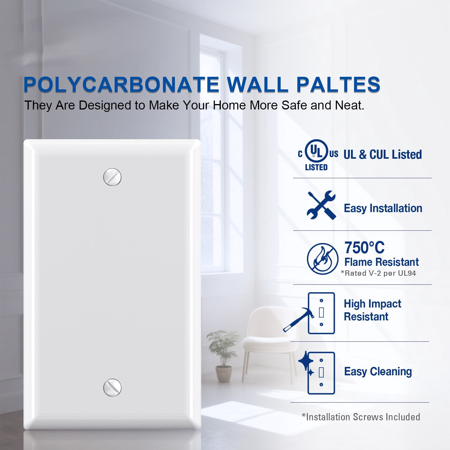 Hyper Tough Blank Outlet Wallplate, Covers Unused Electrical Boxes, Impact Resistant, Glossy Finish, White