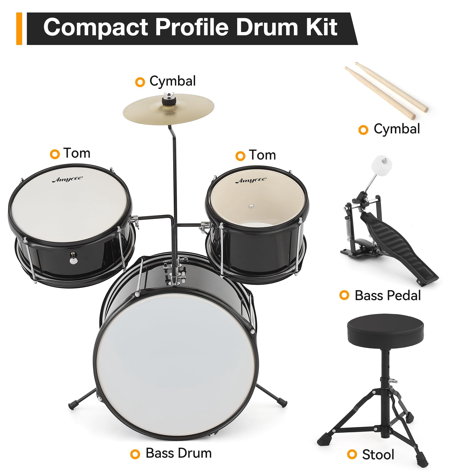 Studyset Drum Set for Beginners,1 Wood/Metal AD-100 Three Drums Set,Beginner Set Includes Bass,2 Toms,Cymbal,Sticks,Bass Pedal and Stool,Percussion Musical Instrument Birthday Playsetl(3-Piece)