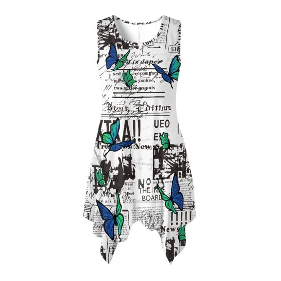 HELLHERO Newspaper Casual Midi Dress, Side Pockets Sleeveless Sundress Non-Fade Asymmetric Summer Sleeveless Dress