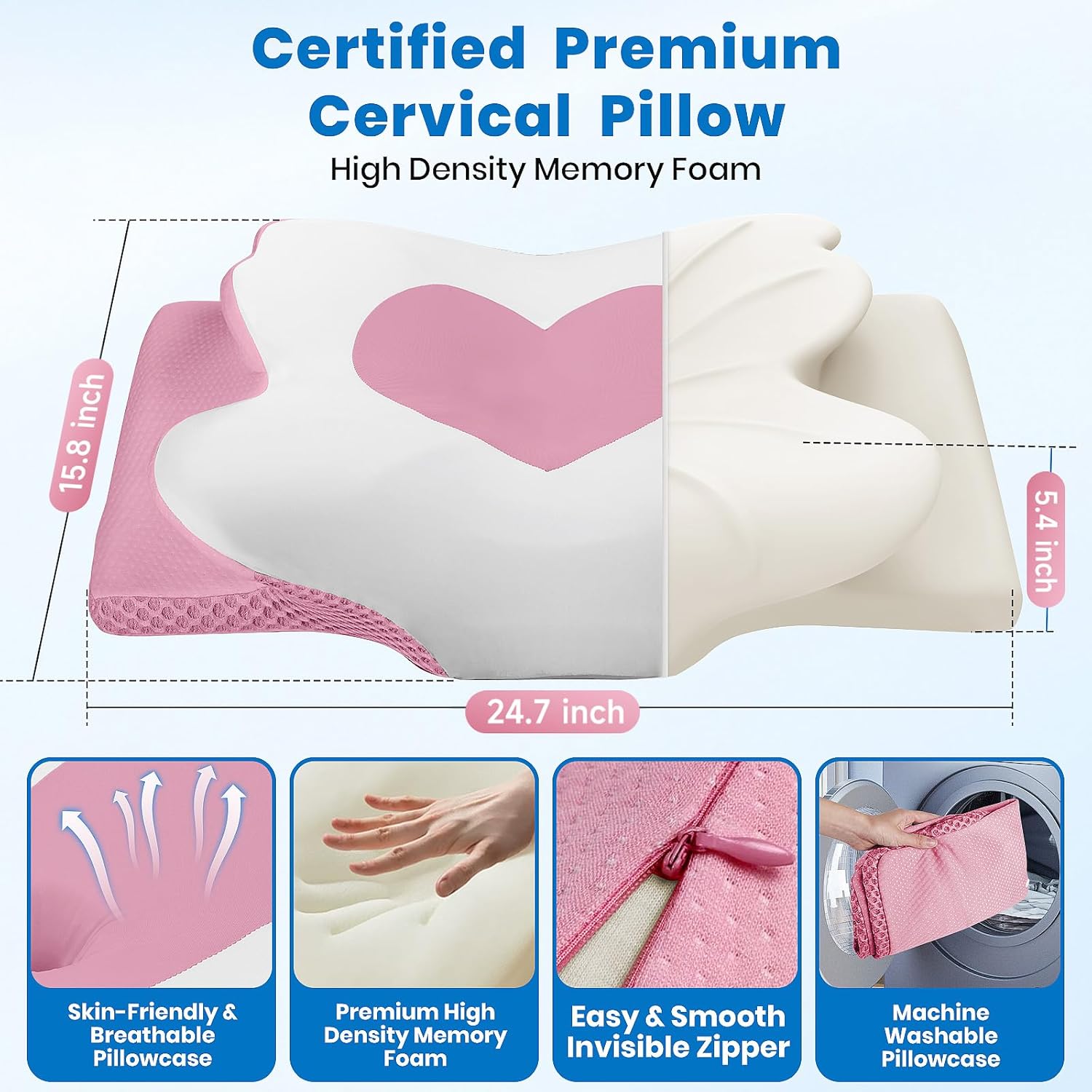 Cervical Neck Pillow for Sleeping, Memory Foam Side Sleeper Pillow, Ergonomic Pillows for Neck Pain Relief, Shoulder Support Pillows for Side Back Stomach Sleepers (Pink, Queen Size)