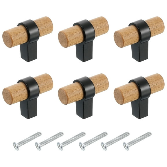 Uxcell 6 Pcs T Bar Wooden Drawer Pulls Single Hole Handles with Screws, Beech Wood/Black