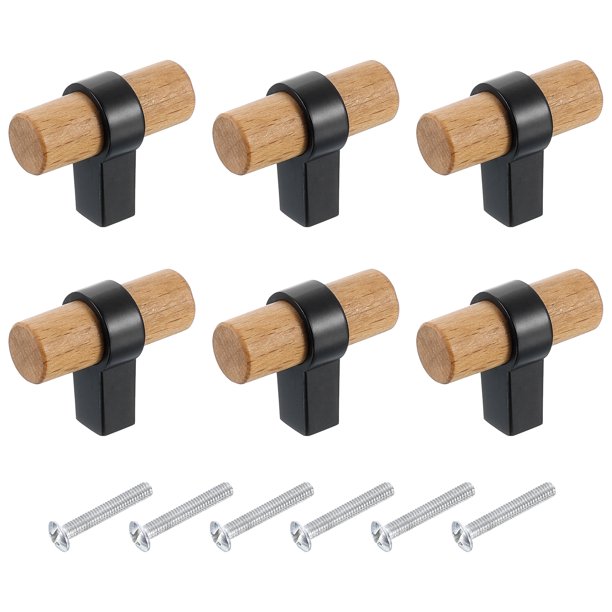 Uxcell 6 Pcs T Bar Tiradores de Cajón de Madera con Agujero Único con Tornillos, Madera de Haya/Negro
