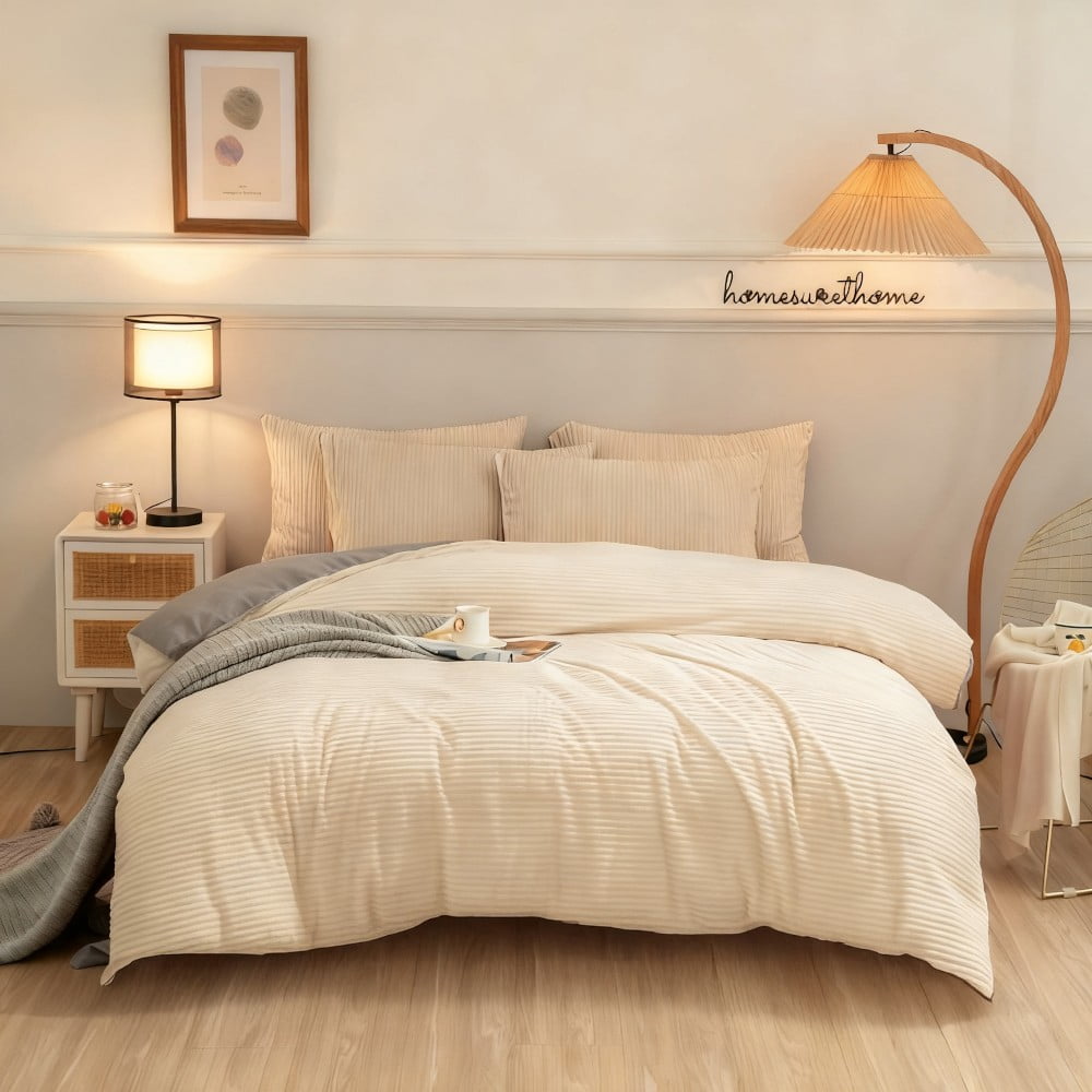 ANMINY 4-Piece Coral Fleece Duvet Cover Set (Comforter NOT Included), 150GSM Soft Warm Pinstripe Bedding with Hidden Zipper & Corner Ties, King, Gray-Backed