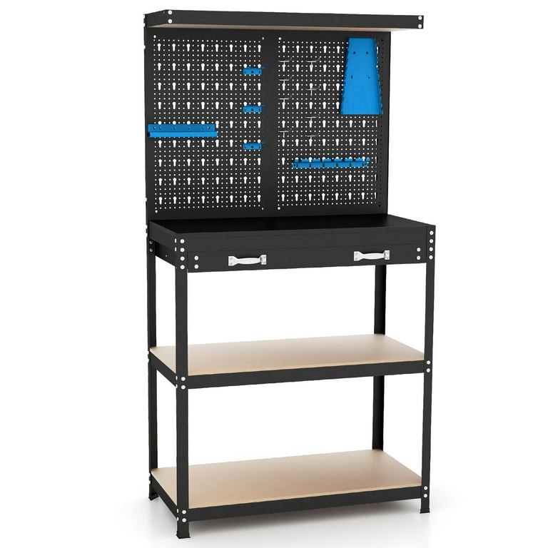 Gymax Metal Workbench w/ 2 Shelves, Heavy-Duty Work Table, Tool