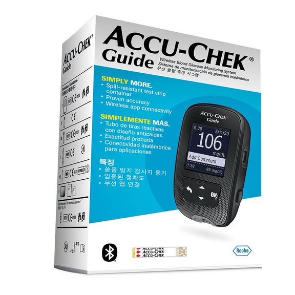 Glucómetro Accu Chek Guide | Bluetooth, Pantalla Retroiluminada y Luz en ranura de inserción para las Tiras Reactivas