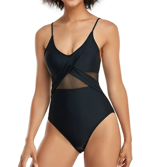 HUPOM Tankini Swimsuits For Women Mid Waist Sheath One-Piece Girl Shorts Holiday Bandeau Swimwear Clearance Black size 10