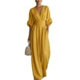 thumbnail image 2 of Women's Light Blue V-Neck Wide-Leg Jumpsuit, Batwing Sleeve Ruched Waist Maxi Jumpsuit Yellow XL, 2 of 3
