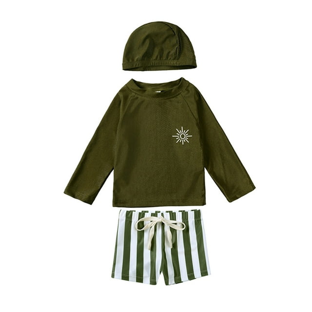 Hiiyo Toddler Boys' Swimsuit Long Sleeved Rash Guard Shorts and Hat Quick Dry Bathing Suit