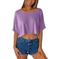 thumbnail image 3 of Crop Tops for Women Boat Neck Elbow-Length Cropped T-Shirt Solid Color Oversized Tee Shirts, Purples L, 3 of 6