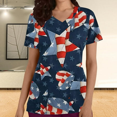 

Gaecuw Usa-Themed Scrub Tops Independence Day Cute Tops for Women Fashion Casual Solid Round Neck Short Sleeve with Pocketss Loose T Shirt Pullover Tops 4th of July T Shirts Patriotic Graphic Tees