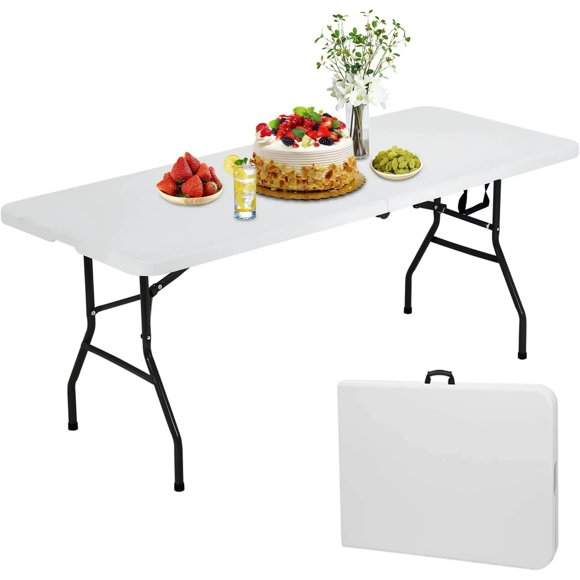 NiamVelo 6ft Folding Table Portable Plastic Indoor Outdoor Camping Dining Table with Carrying Handle, White