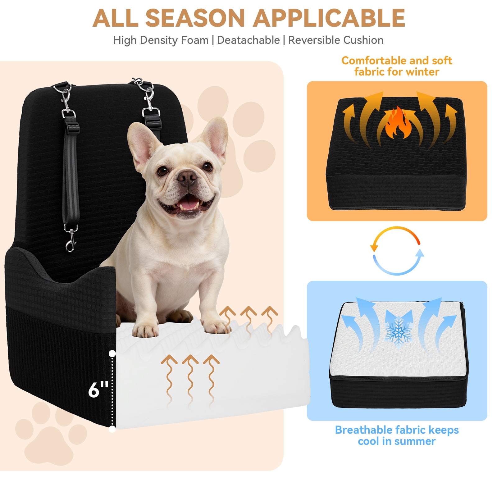 PETSFIT Dog Booster Car Seat for Small/Medium Dogs Up to 35 lbs – Patented Safety System, 6" Memory Foam Pet Car Seat, Fully Detachable and Washable Cover, Front/Back Seat Travel Booster (Black)